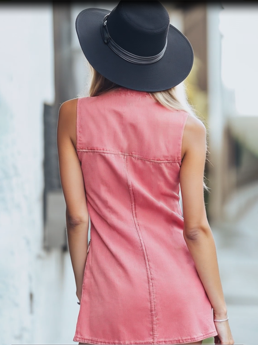 Chic Pink Denim Button Front Sleeveless Mini Dress